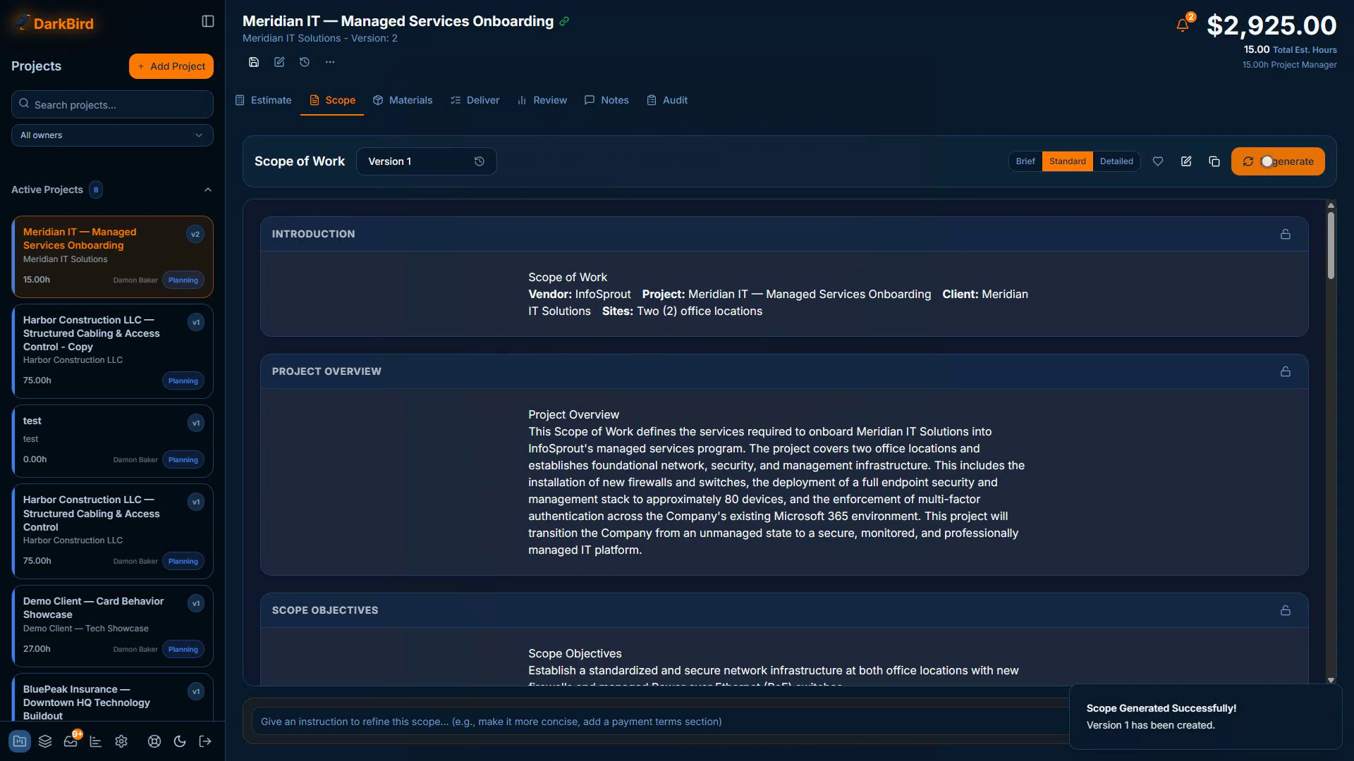 A finished scope of work document with project overview, scope objectives and key deliverables