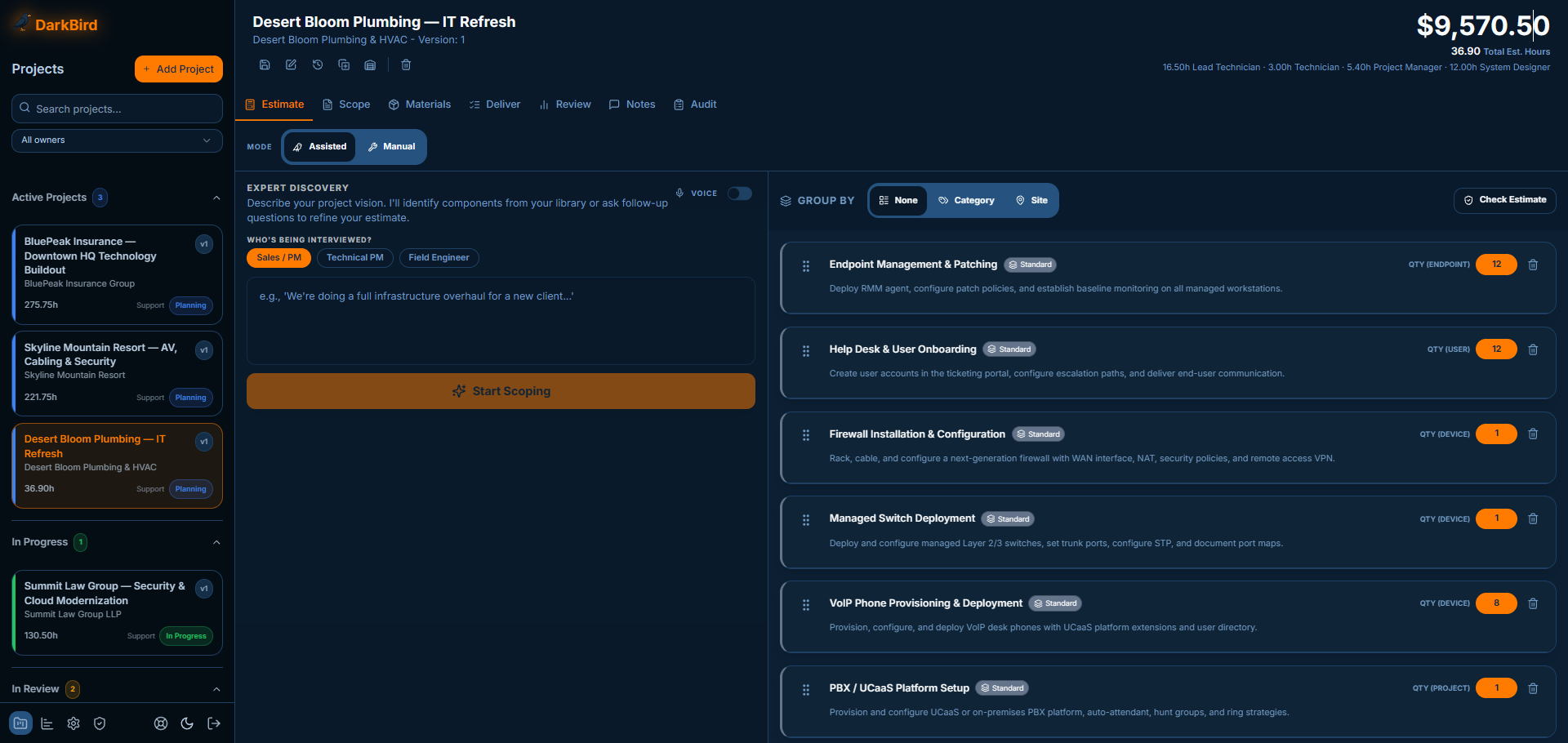 The AI scoping interview asking a follow-up question and building an estimate alongside it
